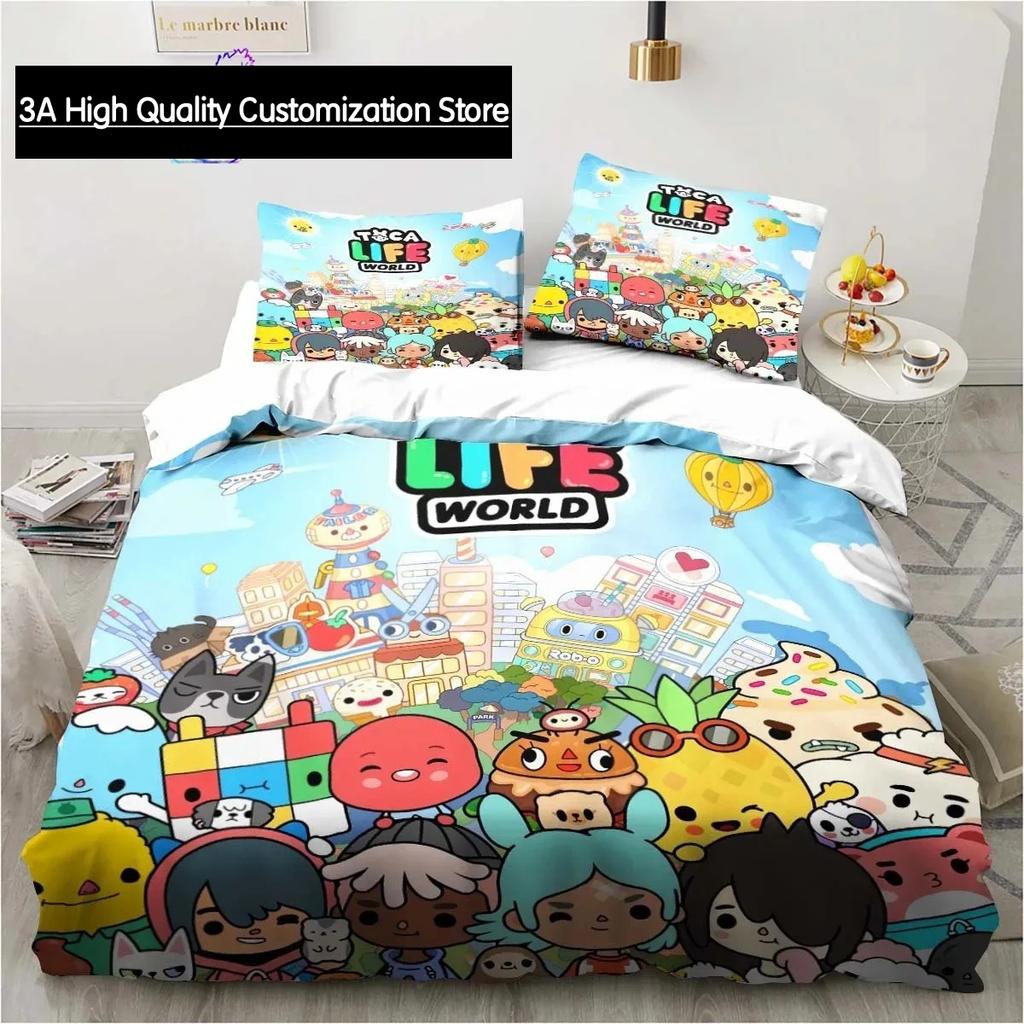 T-Toca Box Life World Cartoon Bedding Set Single Twin Full Queen King Size Bed Set Adult Boys Bedroom Bedding Gift