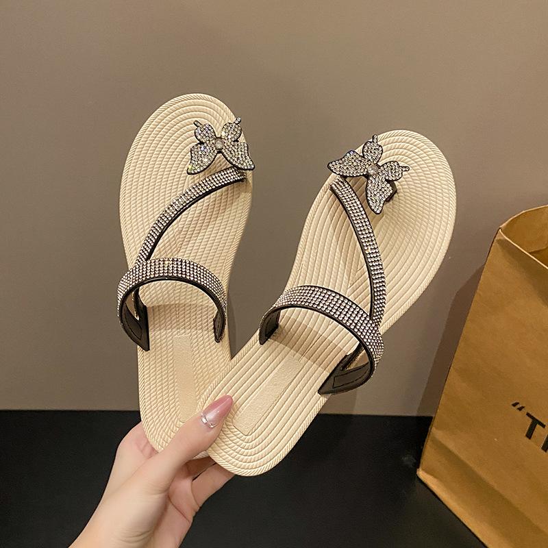 Schleifenslipper Damen Sommerbekleidung Flash-Diamant vielseitig flacher Boden rutschfest verschleißfest Schulmädchen-Mode Strandsandalen