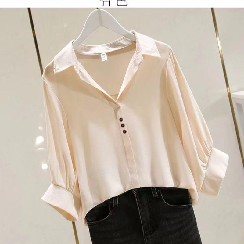 Fat mm extra large size solid color V-neck loose shirt women's 1116 new trendy green shirt women's belly covering foreign style thin