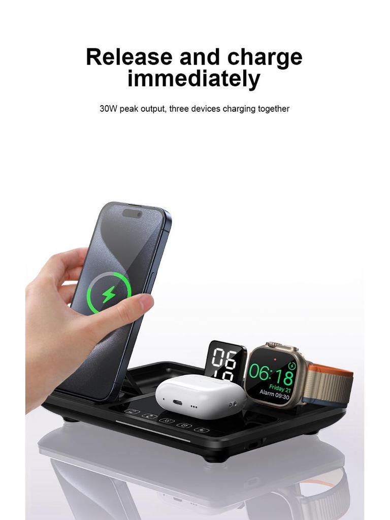 Wireless 4-in-1 Fast Charging Station: Auto Lifting, Folding Design for Phones, Watches, Earbuds, Desk Clock, and Lamp
