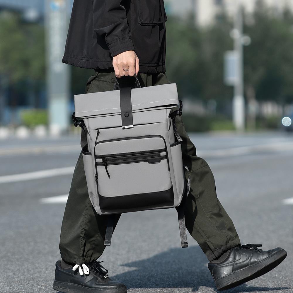 Modern Oxford Fabric Backpack for Men & Women – Minimalist Roll-Top Design with Water-Resistant Material and Multiple Pockets