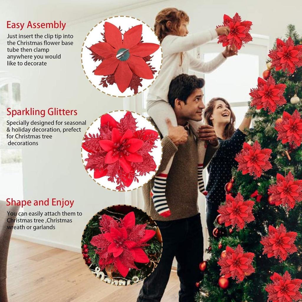 24Pcs Red Christmas Poinsettias Flowers Decoration Artificial Flowers for Christmas Tree Ornaments Suitable for Home Christmas Decorations