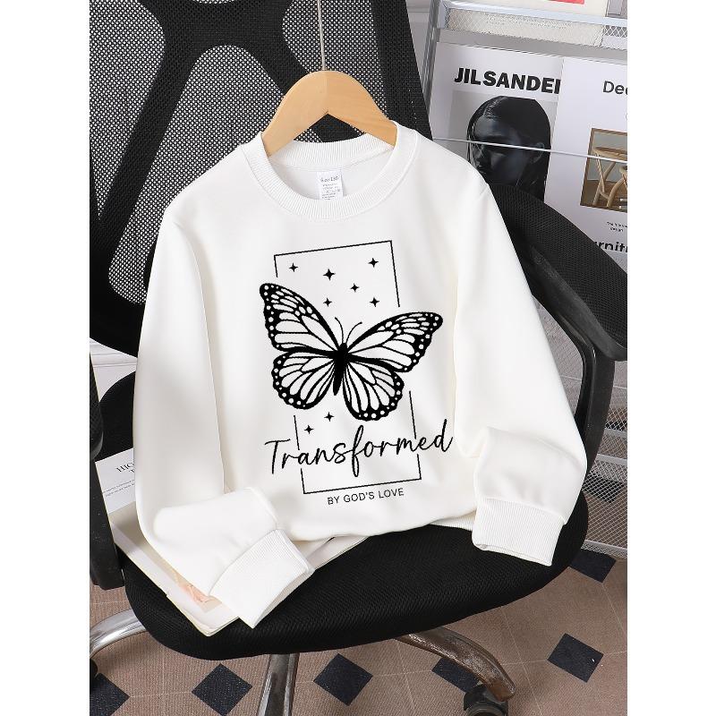 Youth Crewneck Sweatshirt Featuring Butterflies, Stars, And Text; Suitable for Machine Washing 110 белый