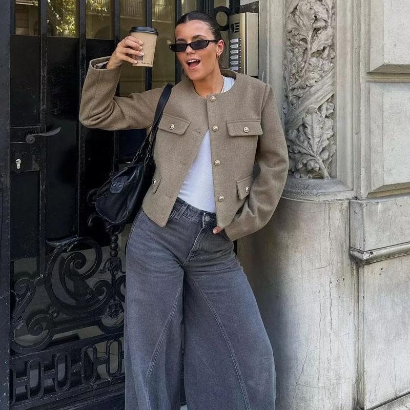 Zkrácená bunda pro ženy Kabát Podzim Zima Crop bunda Tweed Kulatý výstřih Dlouhý rukáv Přechodová bunda Bombera Svrchní oblečení