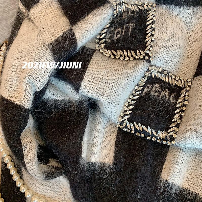 Heavy Industry Checkerboard Sweater Women's Autumn and Winter New Design Sense Niche Retro Lazy Style Top