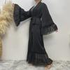 Black Floral Embroidery Lace-Up Muslim Cardigan Robe - Dubai 1963