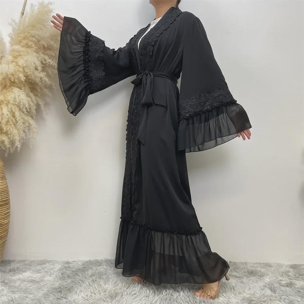 Black Floral Embroidery Lace-Up Muslim Cardigan Robe - Dubai 1963
