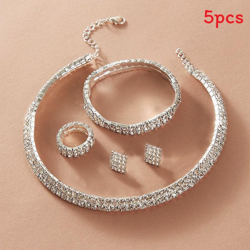 Geometric Silver Jewelry Set With Cubic Zirconia For Fashion Women Two Rows