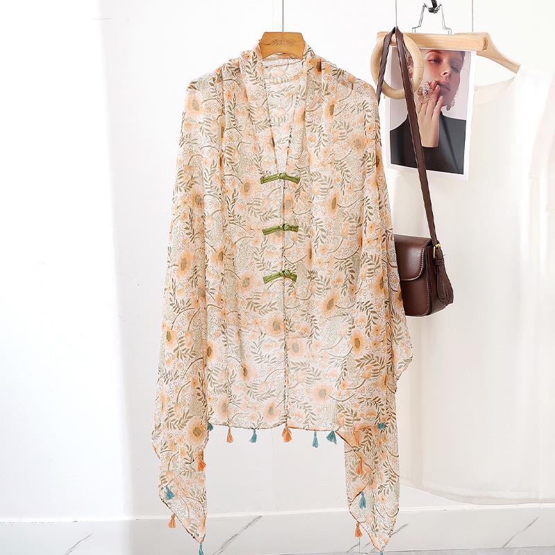 "Summer Ethnic Style Cotton-Linen Shawl: Handmade Retro Button Sunscreen Beach Cover-Up"