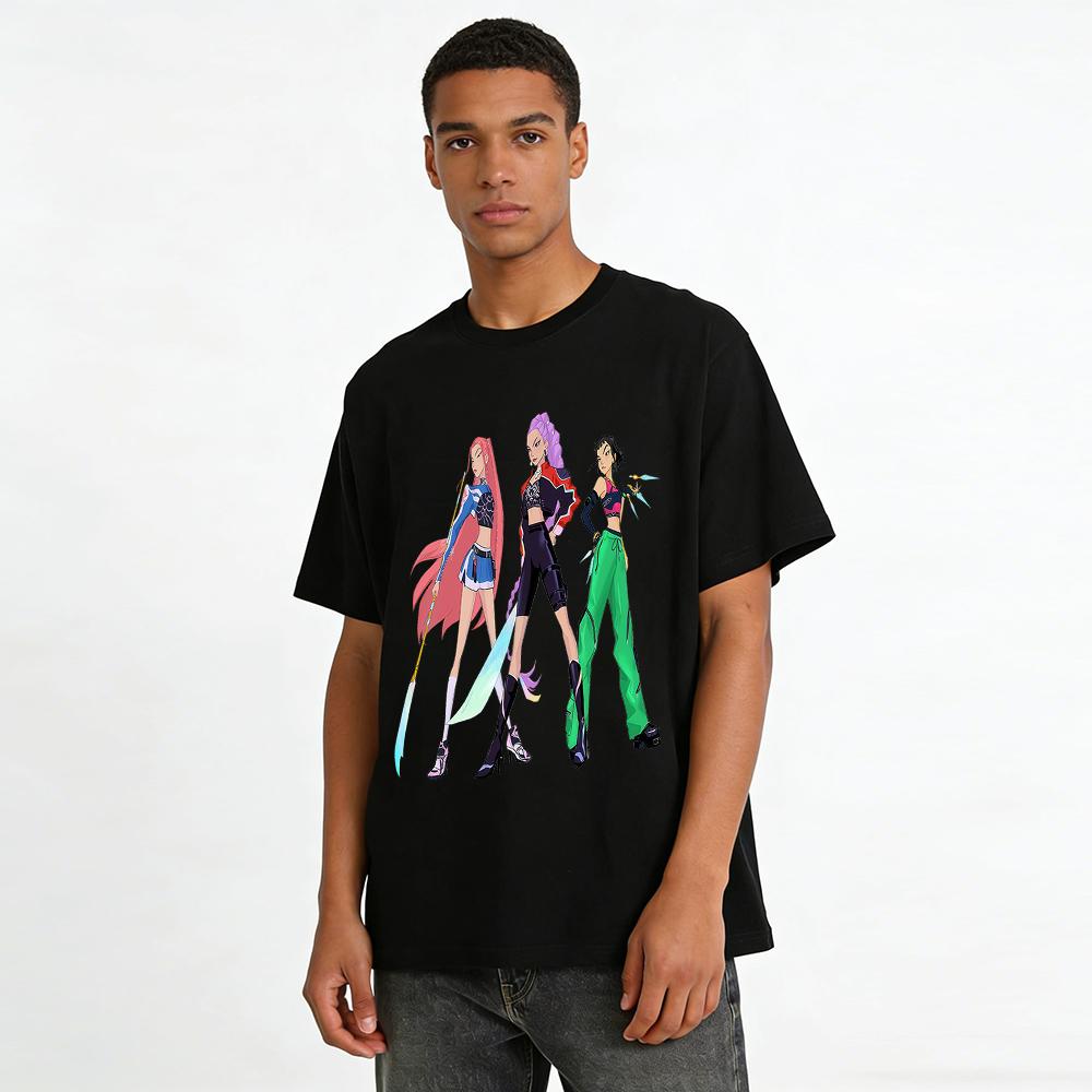 Cool Anime Girl Group Print Casual Tops Trendy Edgy Character Pattern Loose Daily Tees Pure cotton T-shirt