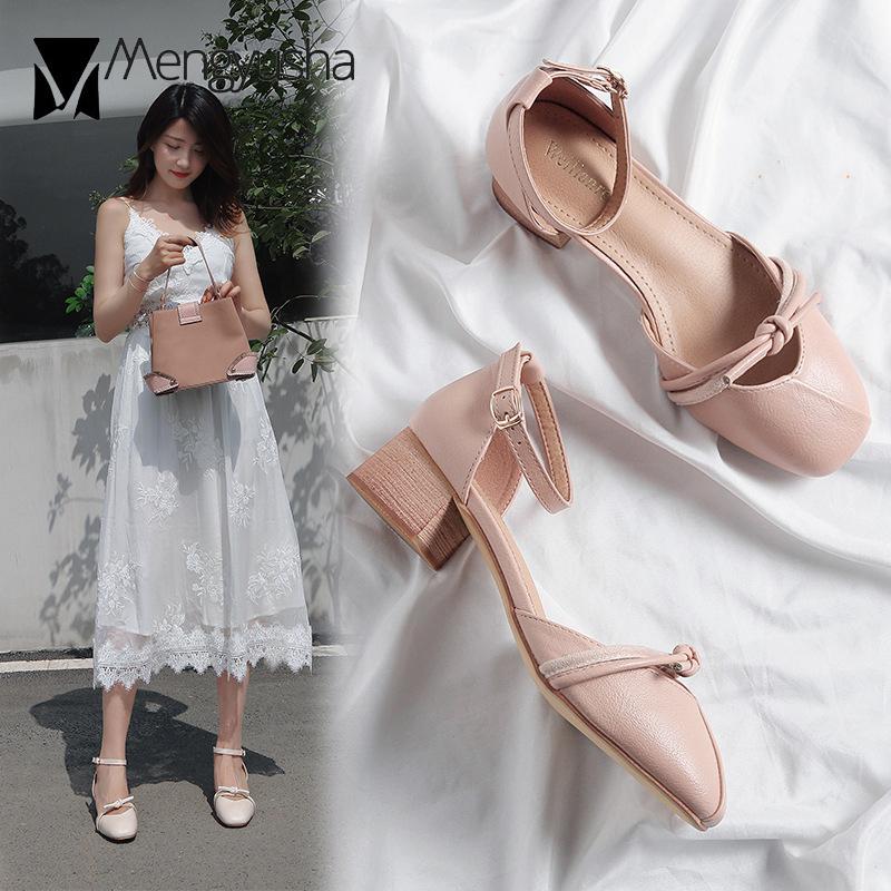 Fashion Fairy Bowknot cover heels square toe women sandals wood thick med heels shoes women closed toe sandalias large size 34-43