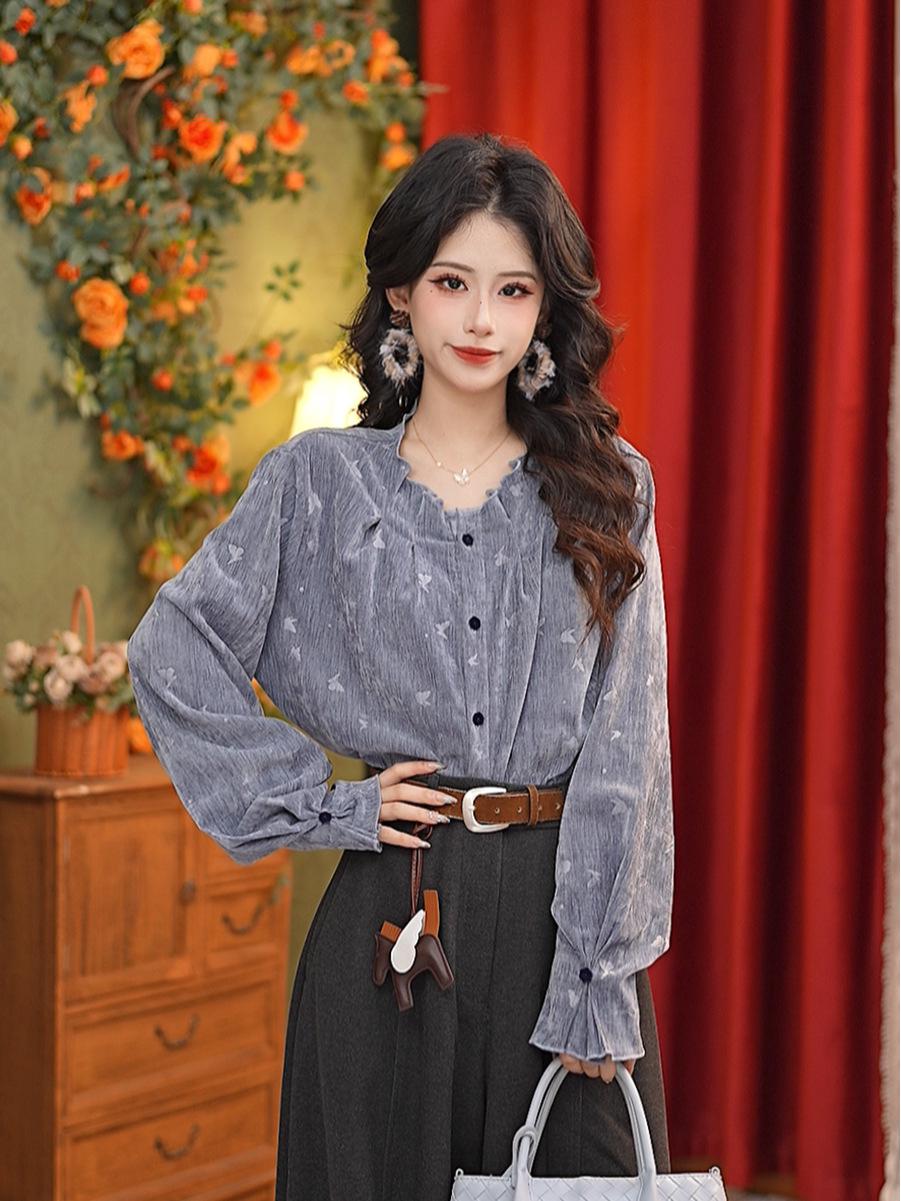 

Женская модная ретро-рубашка для похудения от Zhang Jiayuan Осень/Зима #Y14727 Small синий