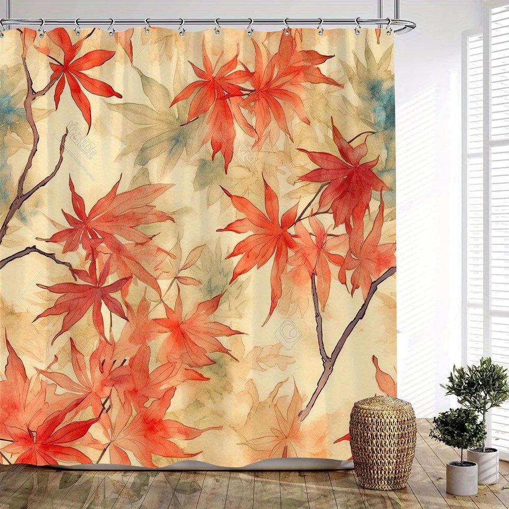 1pc Falling Leaves Bath Curtain - Seamless Watercolor Red Maple Leaves with Brown Stems on Warm Beige Green Wash Background, 90x180cm