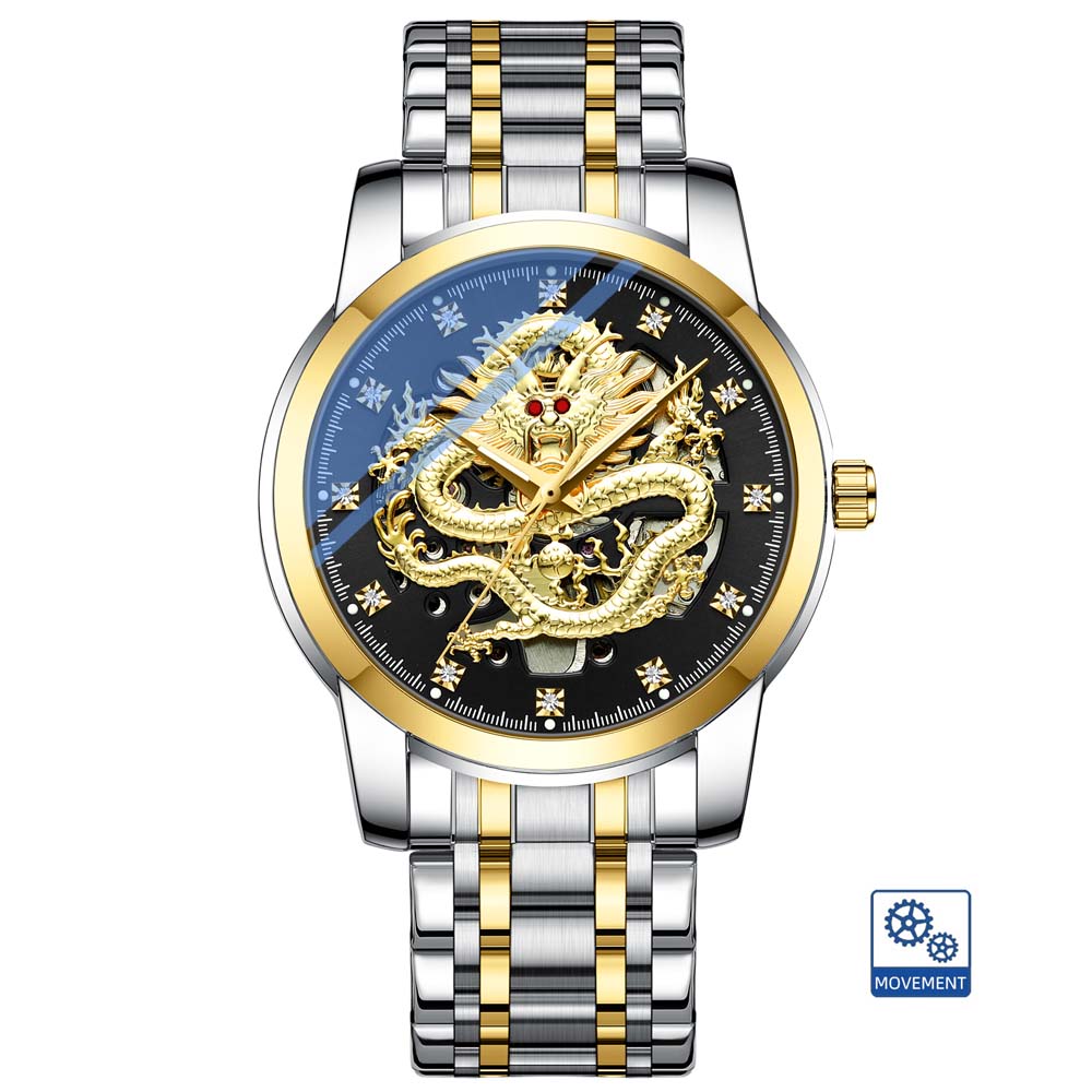 CHENXI Fully Automatic Mechanical Watch Embossed Golden Dragon Skeleton Design Waterproof Chinese Dragon Fashion Men's Watch
