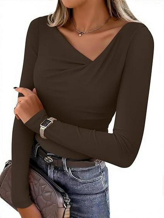 European V-neck Slim-fit Women's Long-sleeve T-shirt - Casual Solid Color, Spring/Autumn Fashion 2025.
