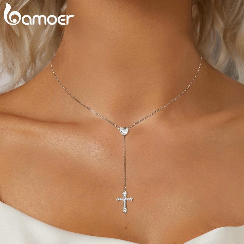 BAMOER 925 Sterling Silver Delicate Heart-shaped Pendant Necklace Y-shaped Cross Chain Necklace for Women Party Dainty Fine Jewelry Gift