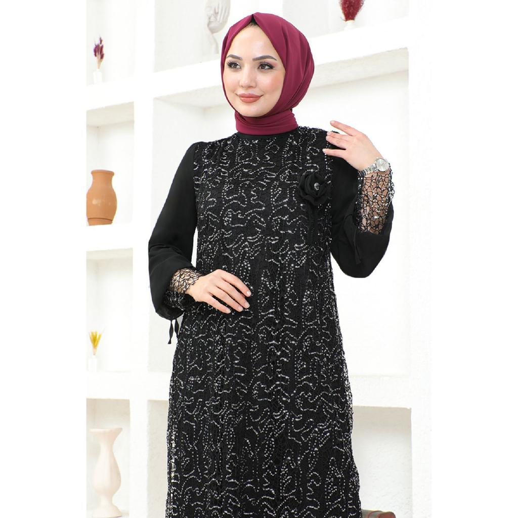 Women's Clothing Evening Dress Fashion Mesh Sequined Rose Hijab Evening Dress 2517 Navy Blue