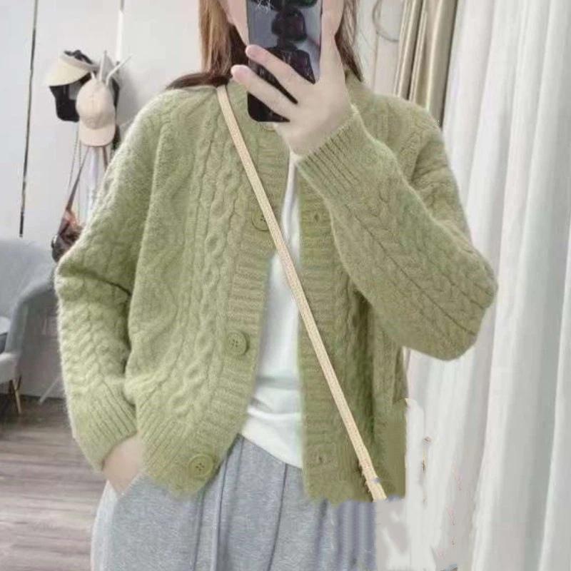 Korean Style Lazy Twist Knit Cardigan Short Round Neck Sweater Coat