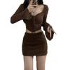 Autumn Style: Brown Long-Sleeve Top & Hip Short Skirt Two-Piece Set for Women