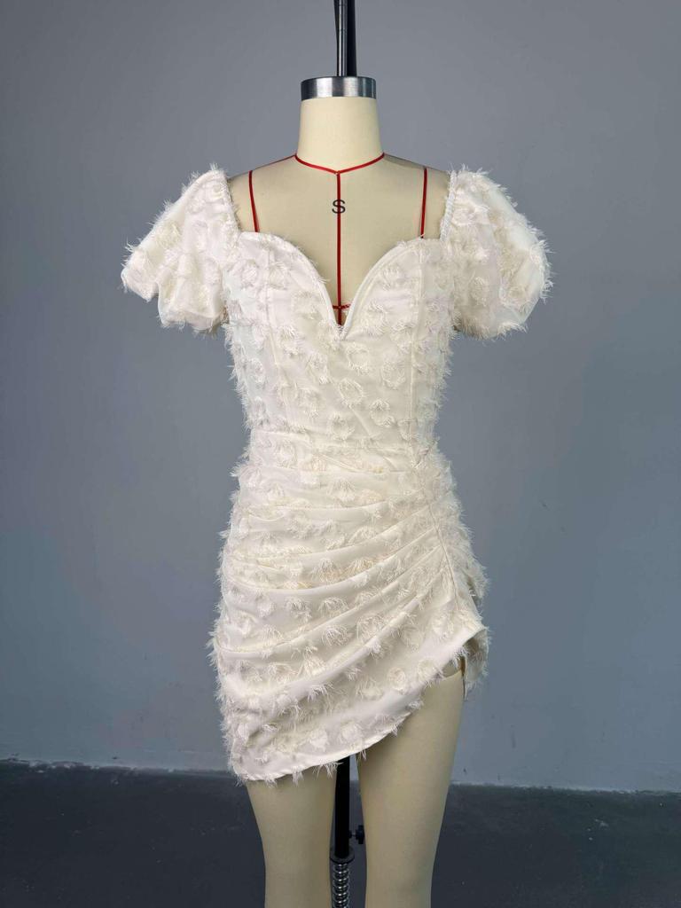 2025 Spring/Summer Sexy V-Neck Puff Sleeve High Waist Slimming Ruched Short Dress for Women