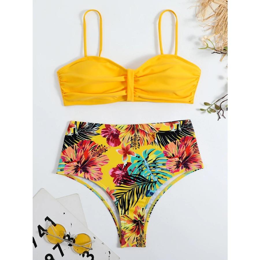 Sexy Solide Bandeau Bikini Set Frauen Tropical Gedruckt Bademode Weiblichen Push-Up Badeanzug Hohe Taille Badeanzug Krawatte Zurück Beachwear