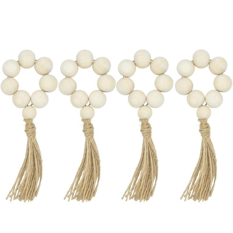4Pcs Natural Wooden Bead Napkin Rings for Weddings Home Decor