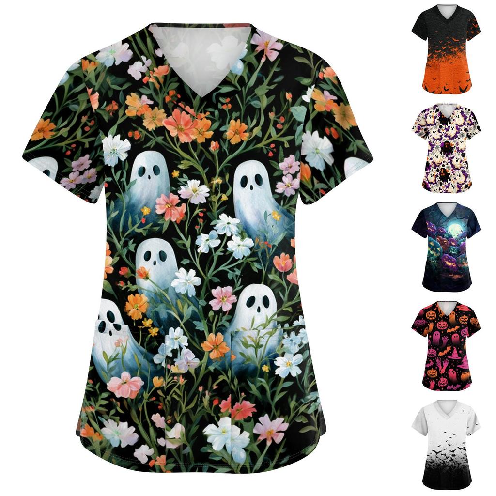Women's V-Neck Short Sleeve Scrub Top with Pockets Halloween Print for Work