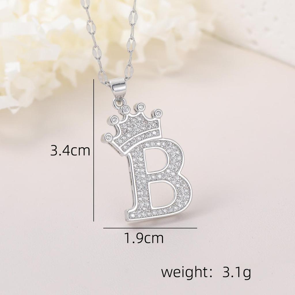 Copper Micro-Inlaid Zircon Crown Letter Pendant Necklace - Hip-Hop Silver Fashion