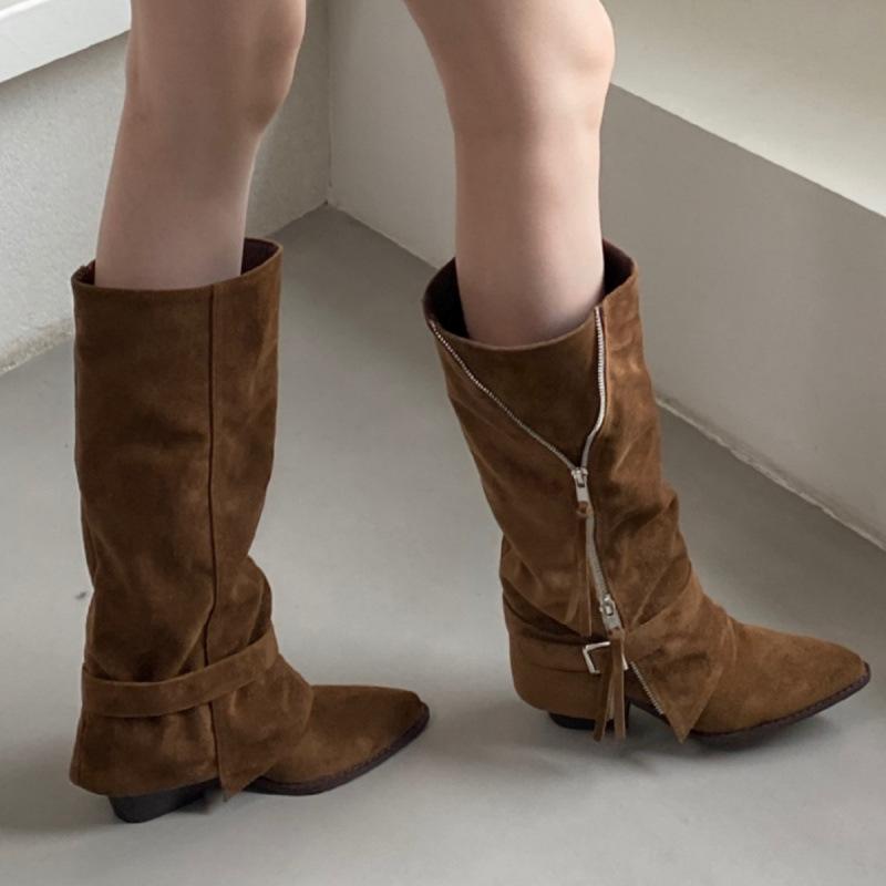 2025 New Korean Version Niche Design Retro French Thick Heel Pointed Western Boots Suede Medium Boots Women's Boots