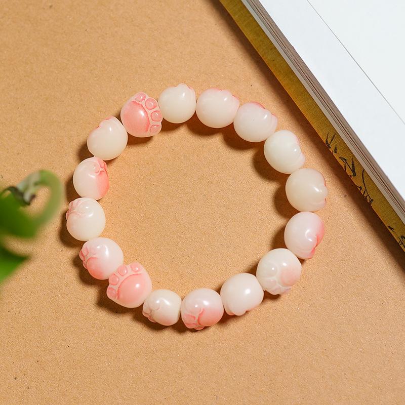 Cat Paw Charcoal Burned Bodhi Root Natural White Jade Bracelet, Burnt Color, Soft and Flexible, Decorative Bracelet for Girls