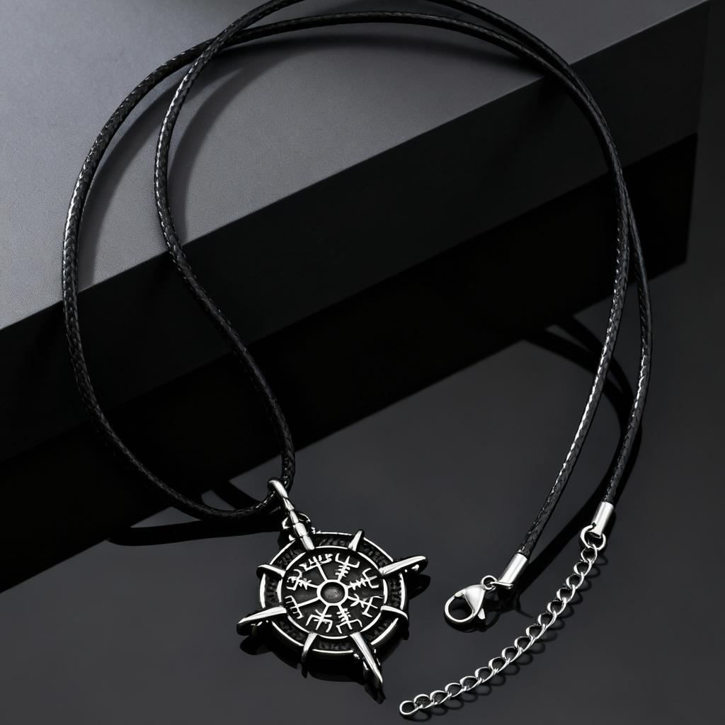 Vintage Noorse Viking Rune Kompas Hanger Ketting voor Mannen, Verstelbare Koord Ketting Roestvrij Staal Sieraden Afstuderen Gids Cadeau