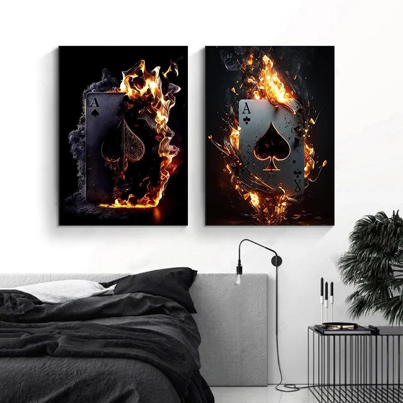 Playing Cards Canvas Painting Fire Skull Card Poster Print Poker for Living Room Wall Art Home Decor