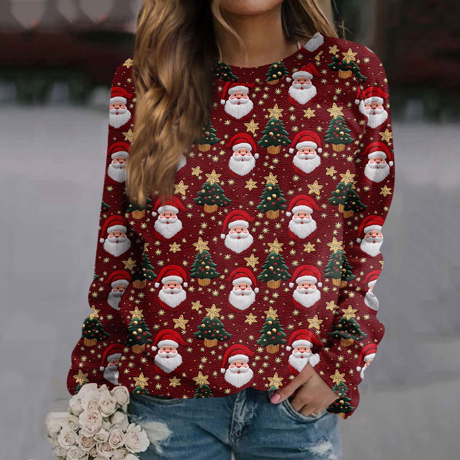 

Женский повседневный модный рождественский принт с длинным рукавом и круглым вырезом, пуловер, топ XL
