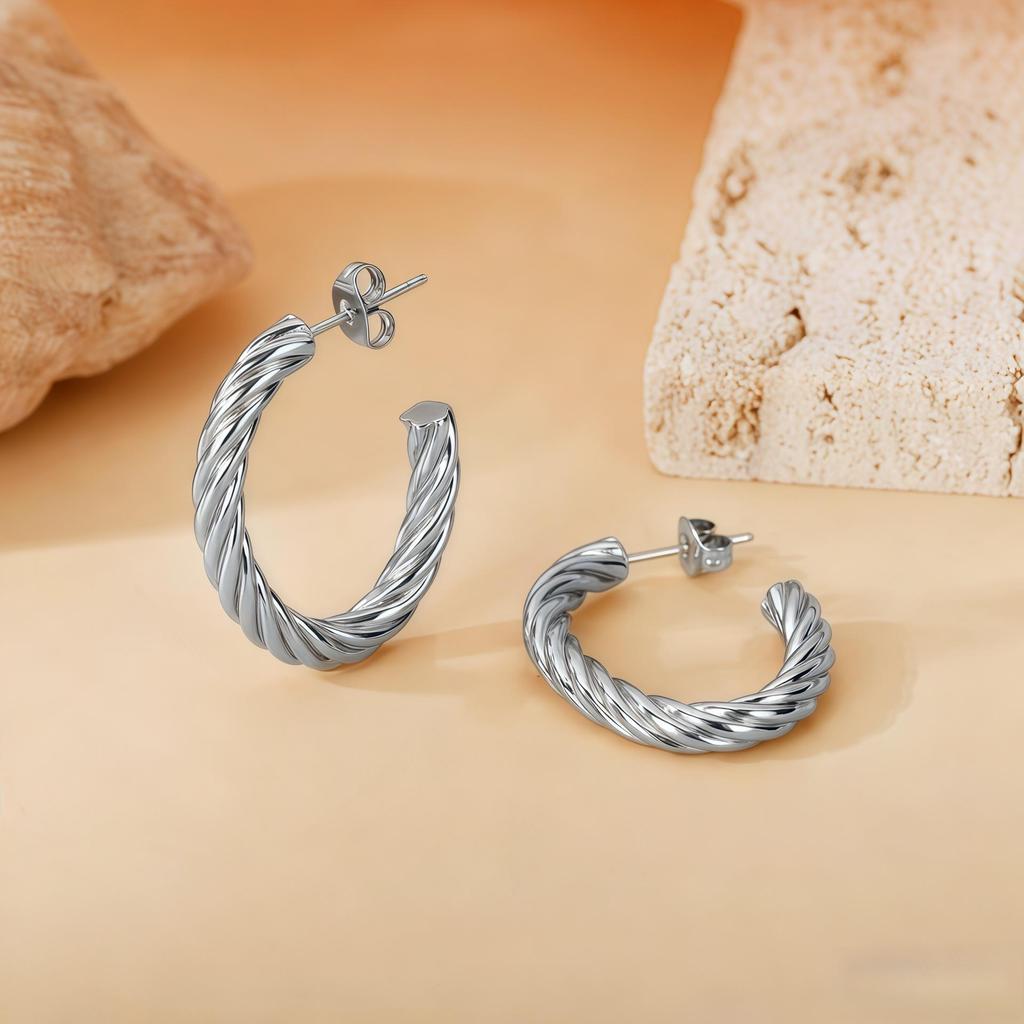 2025 Bestseller Twisted Pattern Hoop Earrings, Titanium Steel, European & American Style, Versatile Design.
