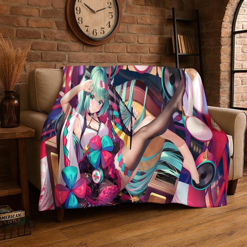Music Girl M-MIKU Cartoon Flanelldecke Weiche Warme Überwurfdecke für Schlafzimmer Wohnzimmer Bett Reise Camping Picknick Geschenk