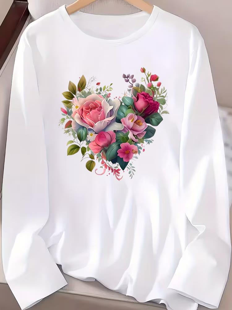 (Asian Size) style flower autumn winter Graphic Tee spring o-neck Print T Shirt Casual Clothing Women Fashion Top Long Sleeve T-shirts