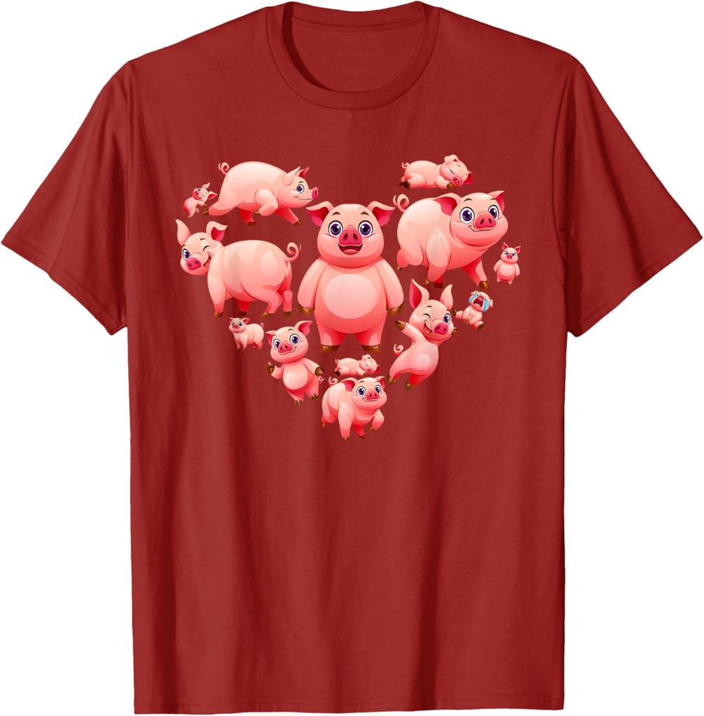 Pigs Heart Shape Cute Love Hog Swine Graphic T-Shirt Cotton Casual Short Sleeve Tee