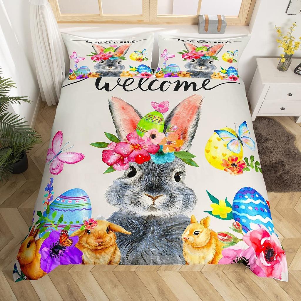 Rabbit Duvet Cover Set Polyester Comforter Cover Twin Size,Pink Floral For Girls Women Cute Bunny Bedding Set With Pillowcase