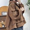 Women Hooded Jacket Winter Flower Texture Zip Up Coat Drawstring Hem Loose Warm Outerwear