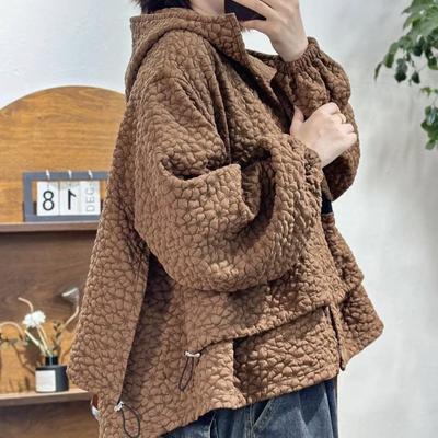 Damen Kapuzenjacke Winter Blumenstruktur Reißverschluss Mantel Kordelzug Saum Locker Warm Oberbekleidung