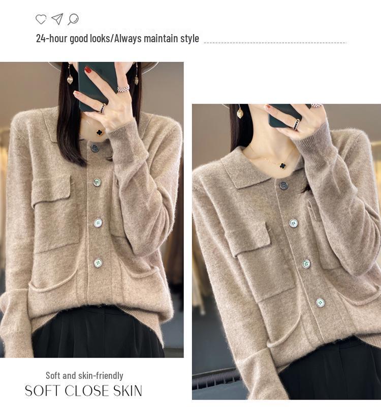 2023 Women's 100% Wool Lapel Cardigan: Year-Round Solid Color Cashmere Knit Sweater