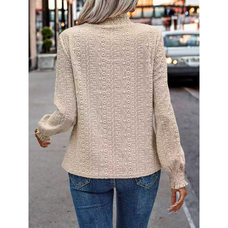 2026 New Women's Solid Color Fashion Versatile Hollow Out Stand Collar Puff Sleeve T-Shirt Casual Top