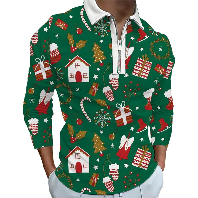 Spring Autumn Men Long Sleeve Zipper 3D Digital Christmas Print Polo Shirt Men Casual Lapel Polo Shirt Tops