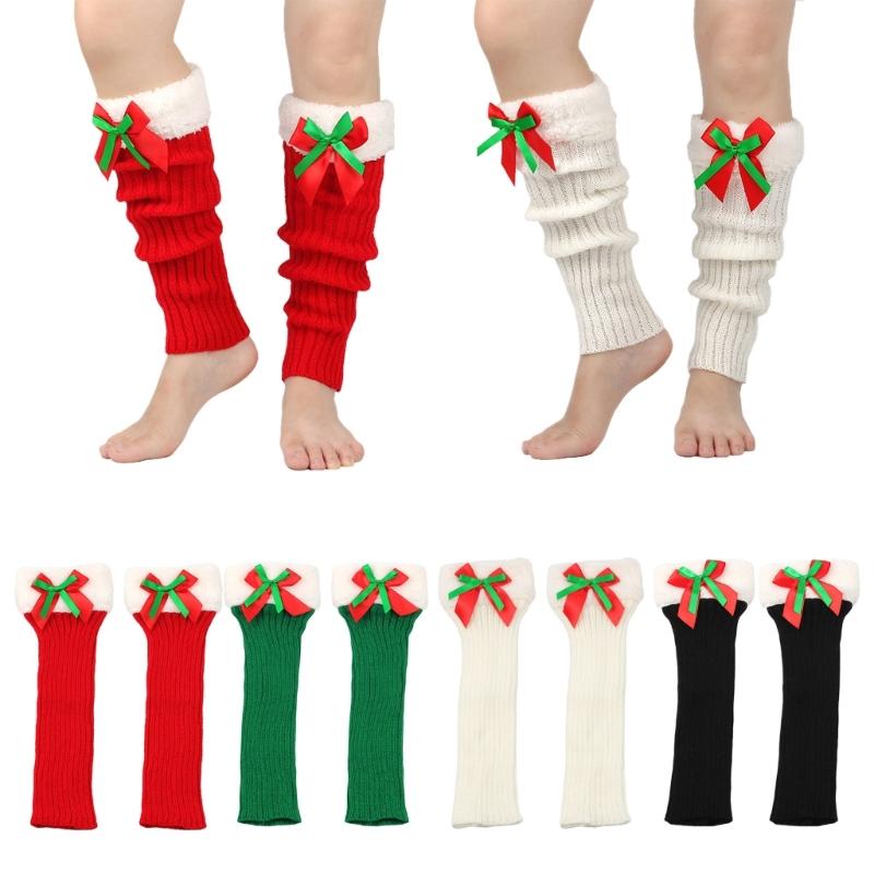 Ribbed Knitted Christmas Boot Cuffs for Women Sweet Bowknot Festival Plush Trim Leg Warmers Calf Socks for Cold Weather