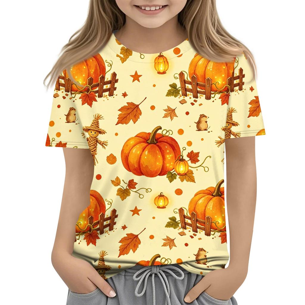Kids Halloween Printed Short Sleeve T Shirt Casual Round Neck Top Boys Girls Comfortable Fit All Over Pattern Tee