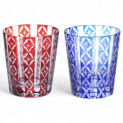 Mizukage Kiriko Pair Glass Cups 220cc Red Blue Bishou Current Model J-kitchens 79xH90mm Cloisonné &