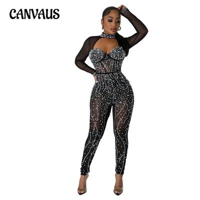Fashion Women's Solid Colour Mesh Drill Long Sleeve Long Pants Jumpsuit