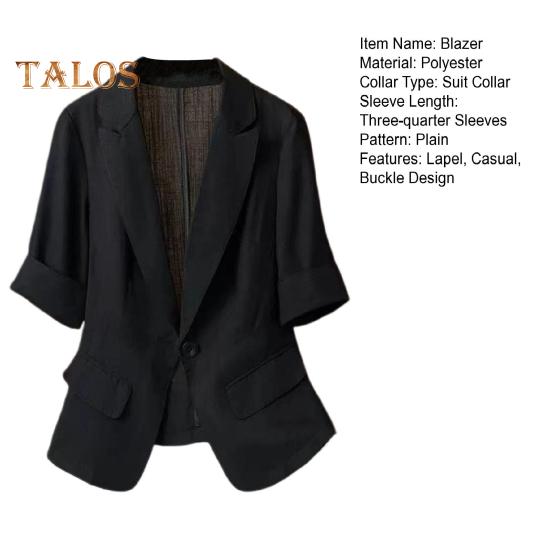 Damen Blazer mit Revers und Knopfleiste, einfarbig, lässig, lockerer Mantel, Dreiviertelärmel, dünnes Sommeranzugoberteil für das Pendeln im Büro