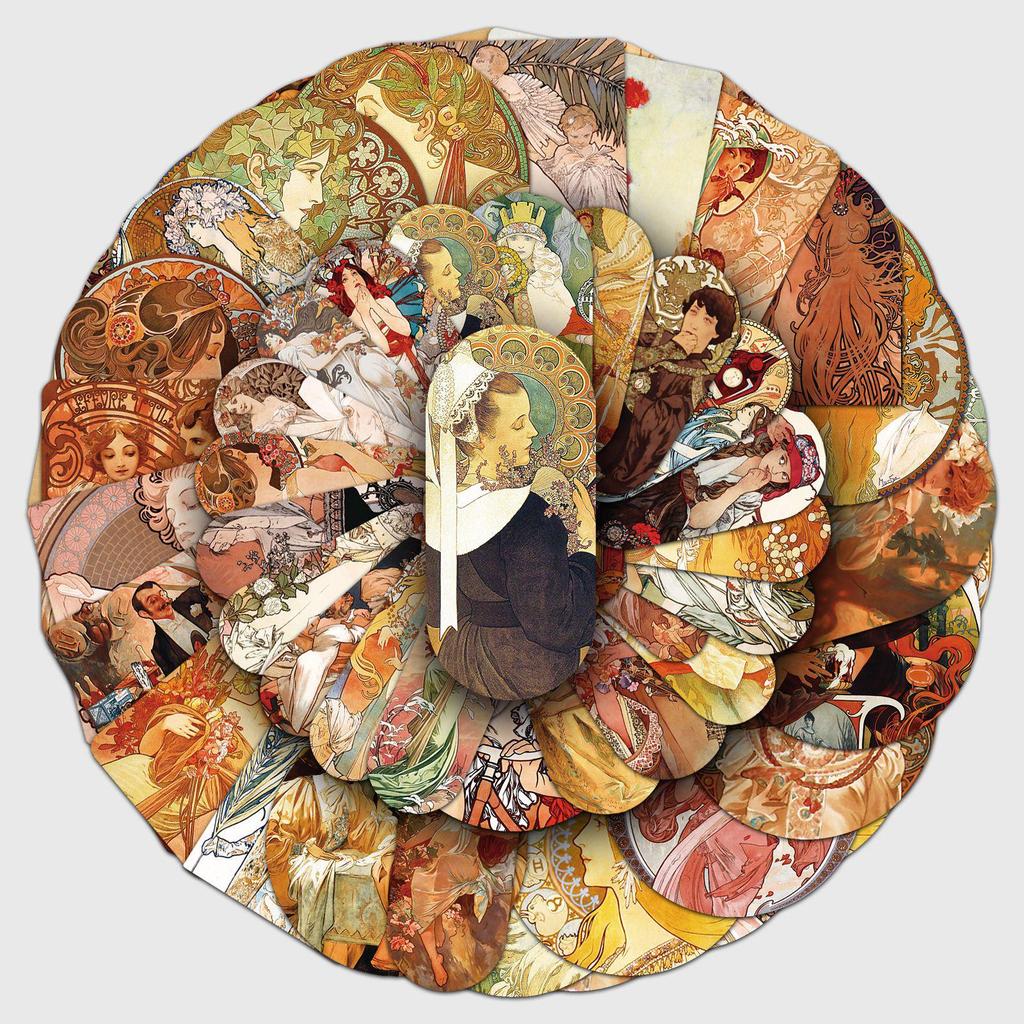 50 Autocolante Decorative Impermeabile: Arta lui Mucha pentru căni termoizolante și huse de telefon