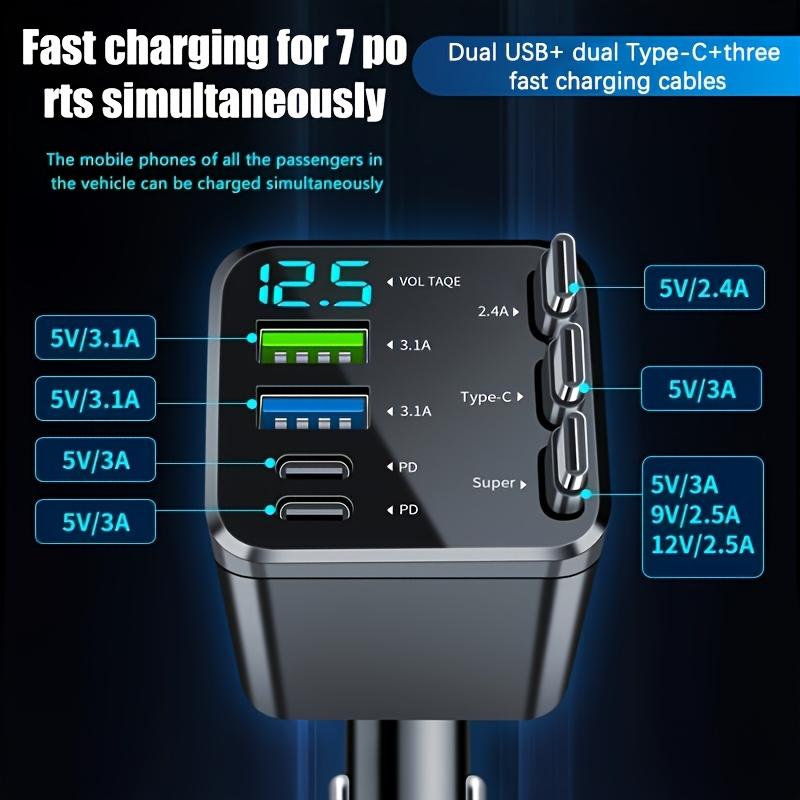 7-in-1 Smart Car Charger with LED Voltage Display, Retractable PD Fast Charging Cable and 120W Output